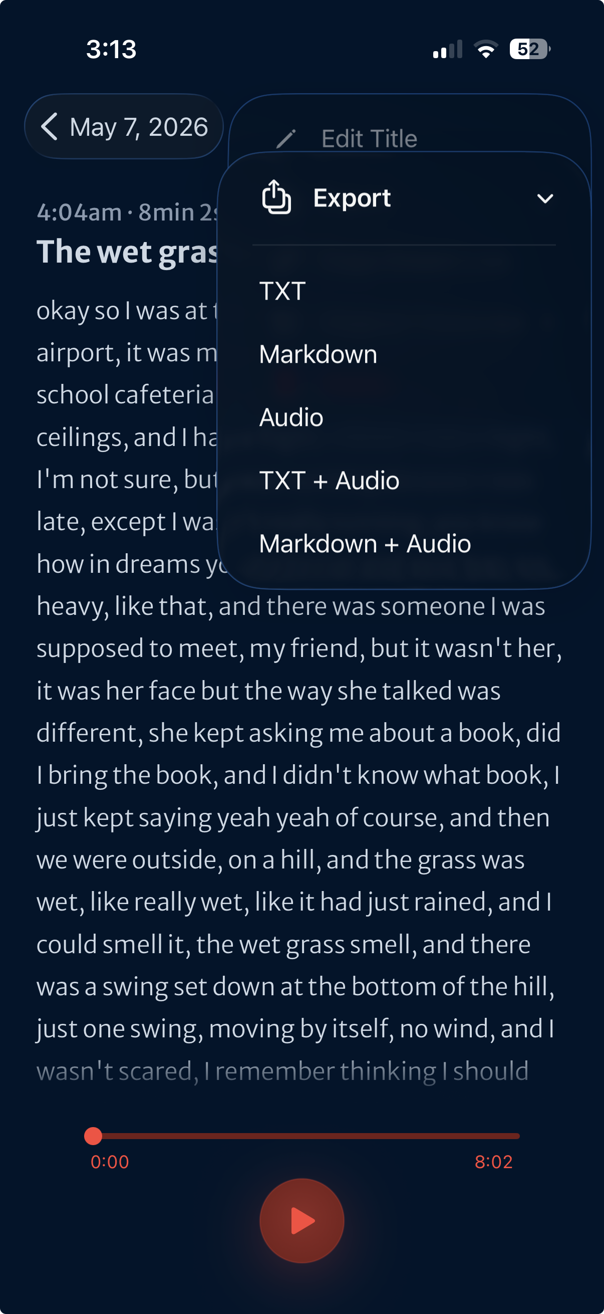 Exporta tus sueños como texto, Markdown o audio